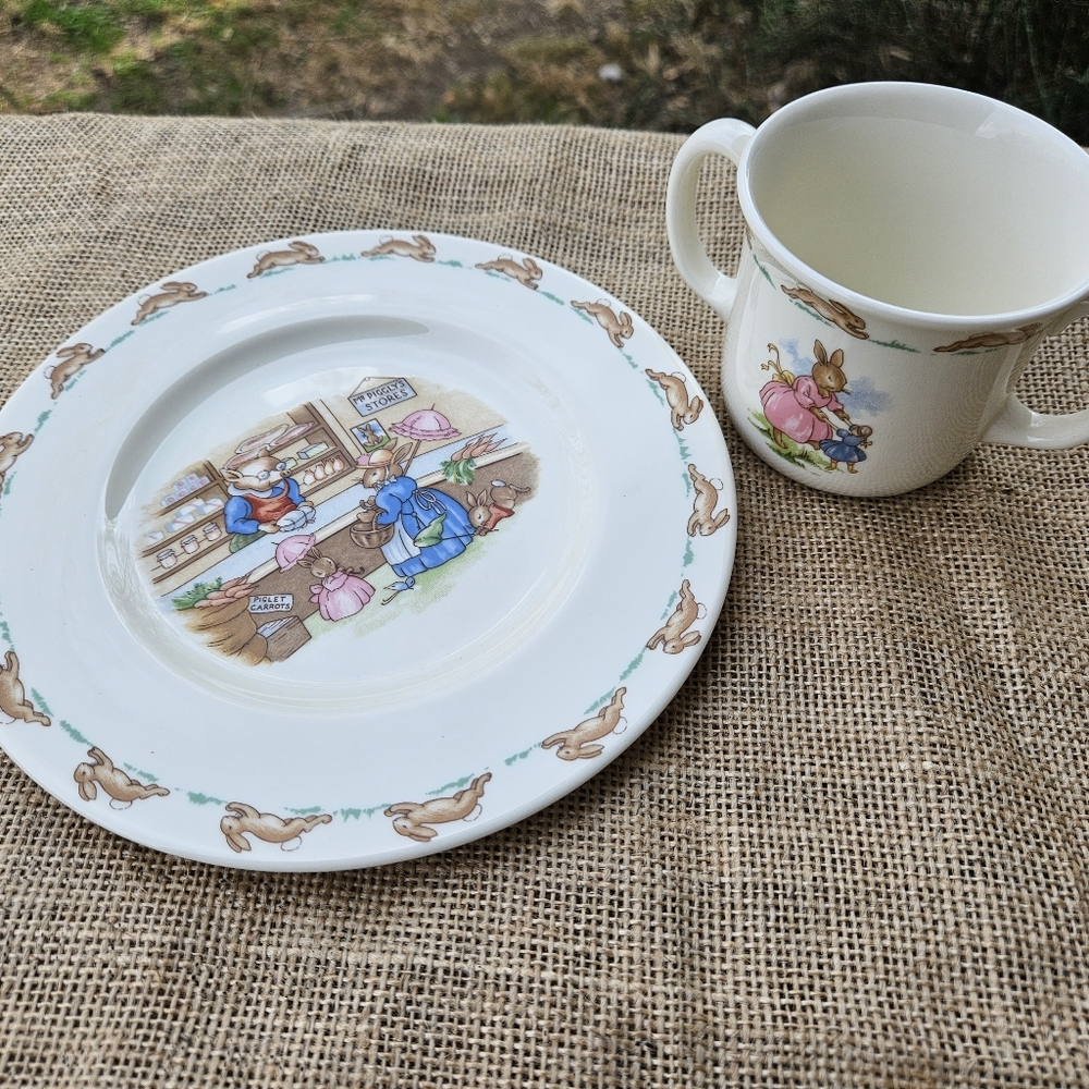 Bunnykins Cup and Plate Set Mr Pigglies and Pram Cute Royal Doulton